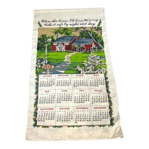 Vintage 1975 Linen Calendar Towel With Red Barn & Bless This House Print Retro